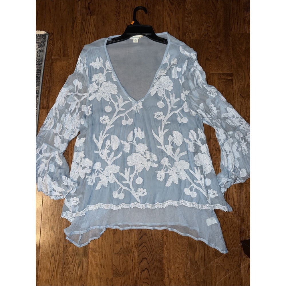 Sundance Blouse 100% Silk XXL Blue Embroidered Blouse Cottagecore Fairy Top